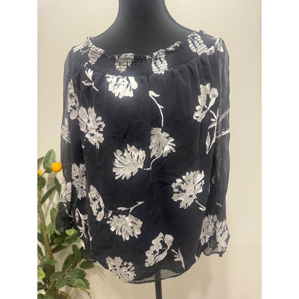 White House Black Market Silk Blend Floral Burnout Off Shoulder Blouse Black M